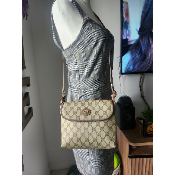 Gucci GG Monogram Supreme Crossbody Bag Brown Leather Trim Vintage - Picture 4 of 16